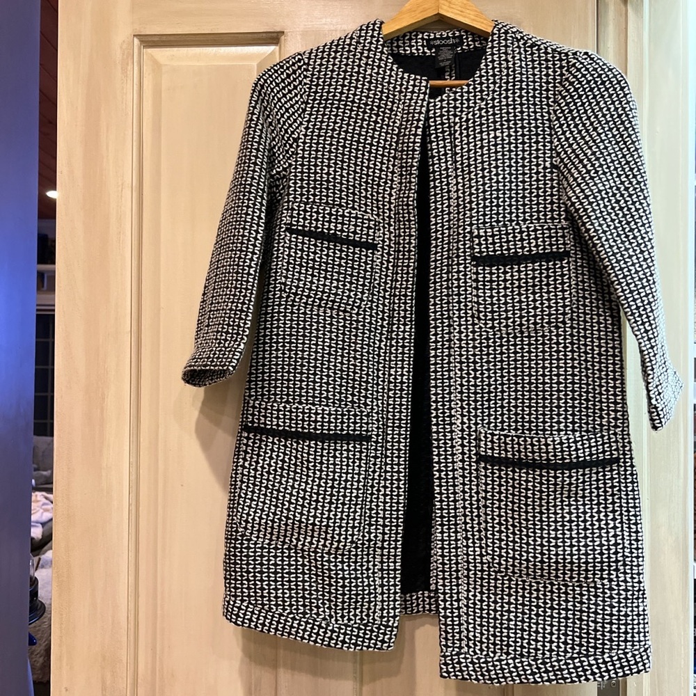 Black and white STOOSH overcoat. Lightweight, size small
